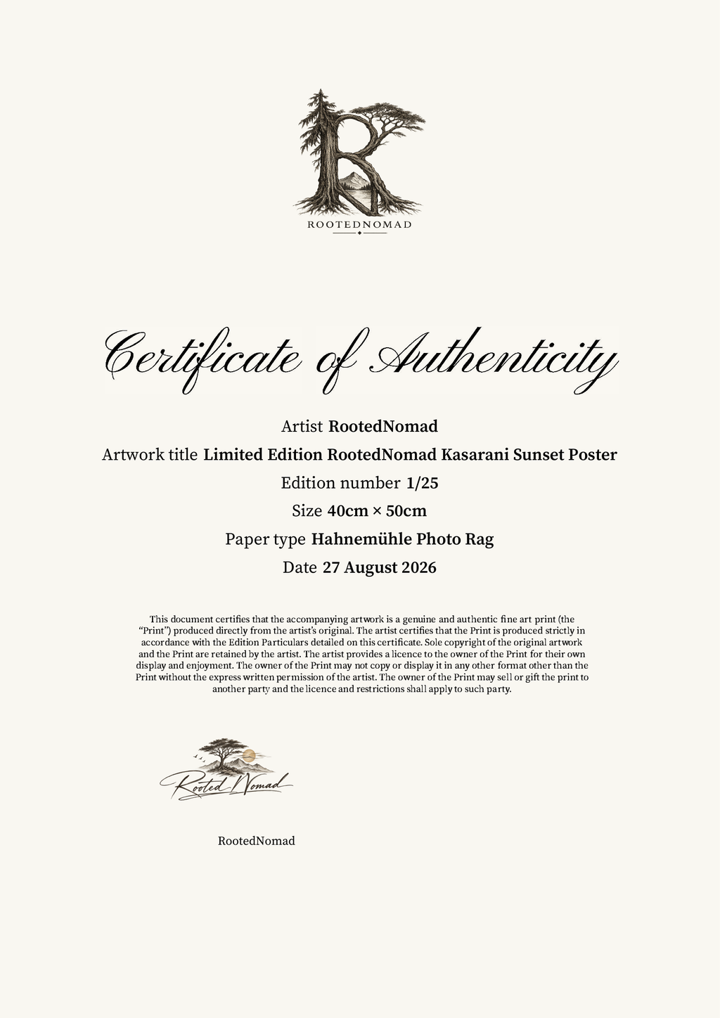 Limited Edition RootedNomad Kasarani Sunset Poster — Certificate of Authenticity