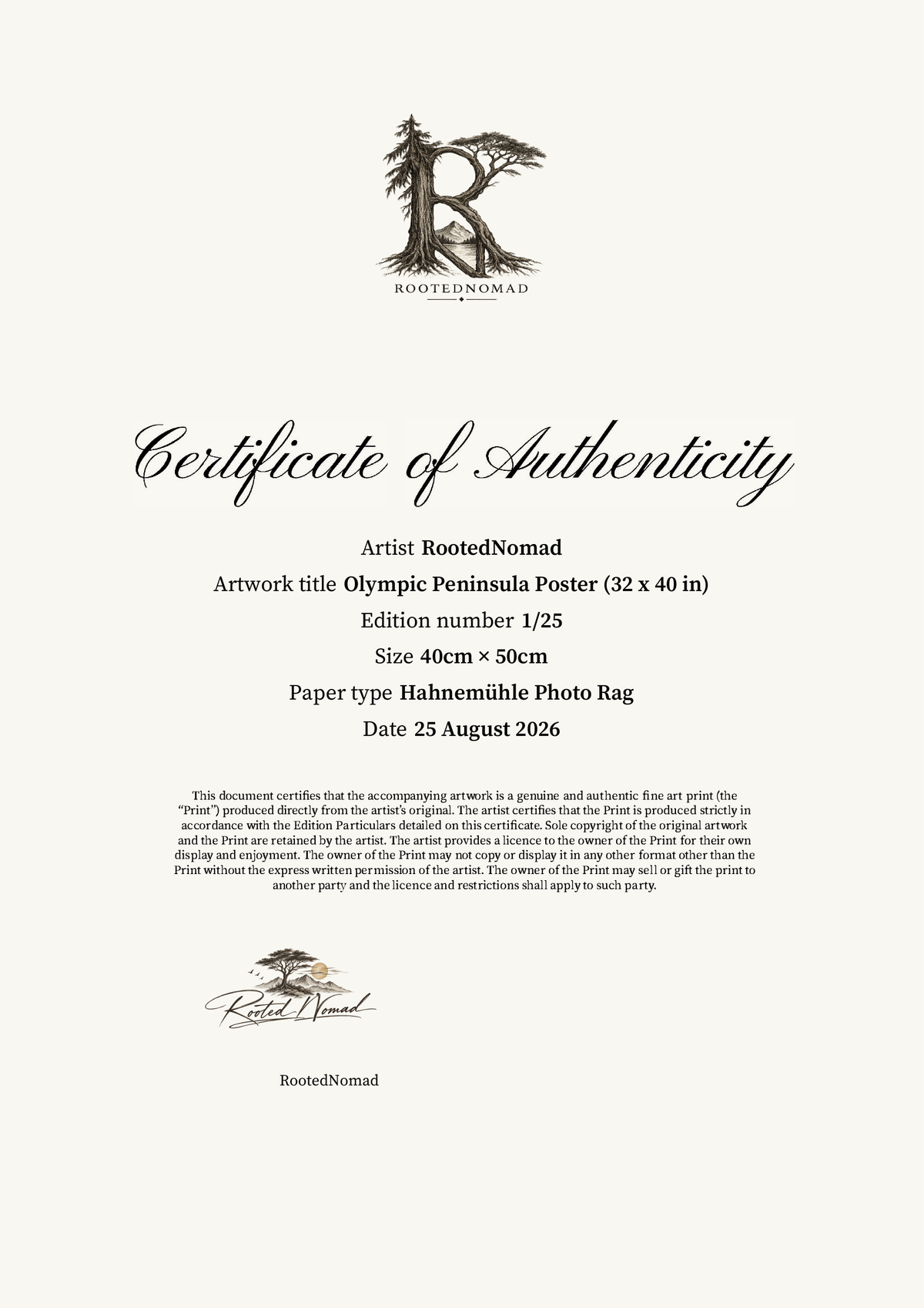 Olympic Peninsula Poster (32 x 40 in) — Certificate of Authenticity